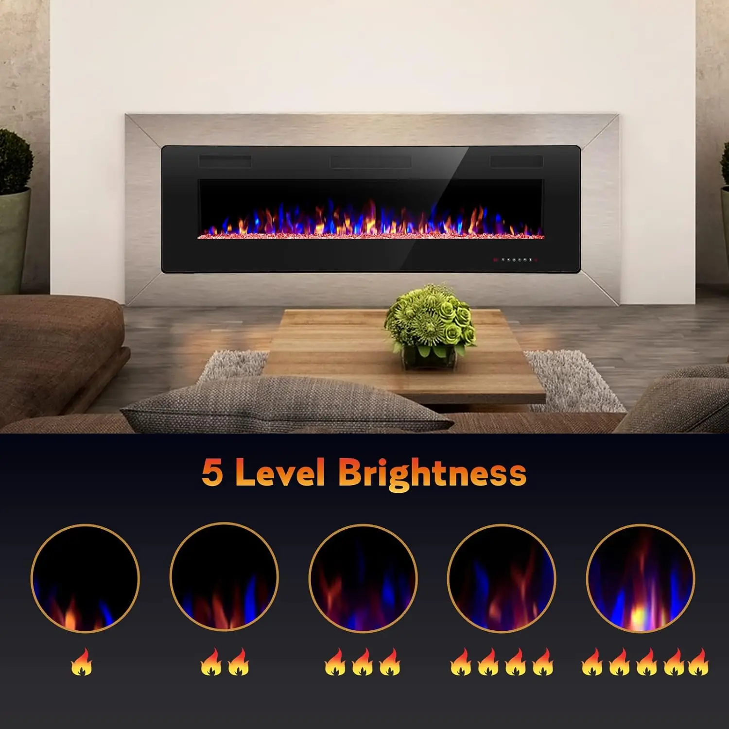 Chimenea empotrada y montada en la pared, poco ruido, Control remoto con temporizador, pantalla táctil, velocidad de colores de llama ajustable, 50 pulgadas