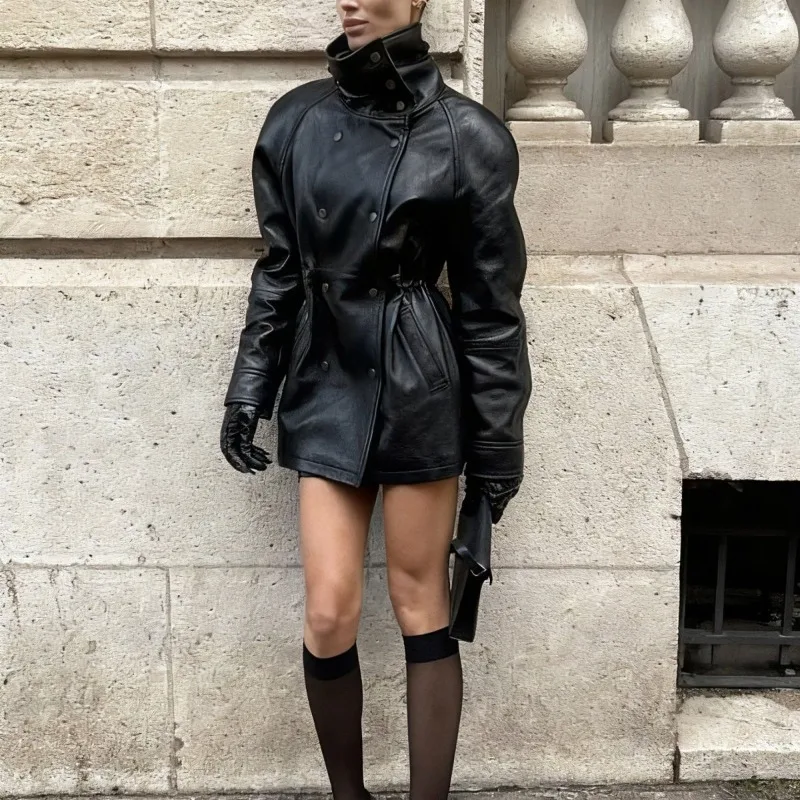 Autumn Winter Women's Leather Jacket. Features A High-end PU Leather Trench Coat with A Stand-up Collar Design A Cinched Waist.