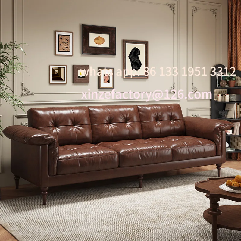 

Customizable American sofa Italian retro oil wax leather straight row steel frame down medium ancient Nanyang style first layer
