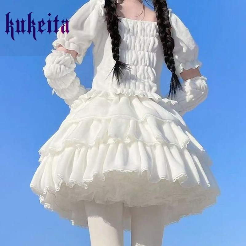 Kukeita Harajuku Gothic Lolita Shirt Japanese Y2k Sweet Bow Ruffles Blouse Solid Plush Warm Kawaii Tops Women Elegant Clothes
