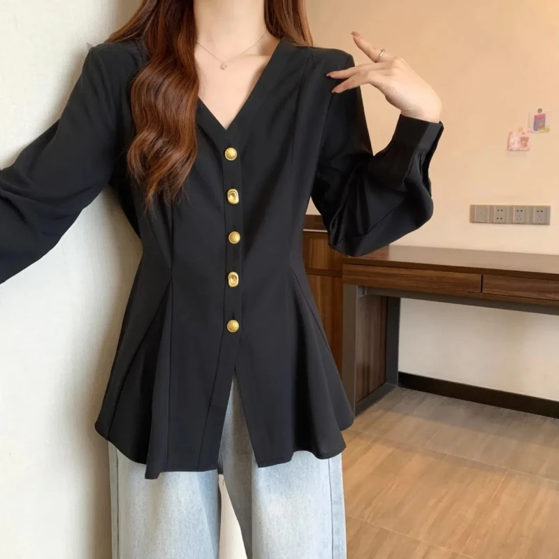 Spring Autumn New Elegant Fashion Solid Blouses Women's Clothing Casual Loose V Neck Cardigan Korean Style Long Sleeve Shirts