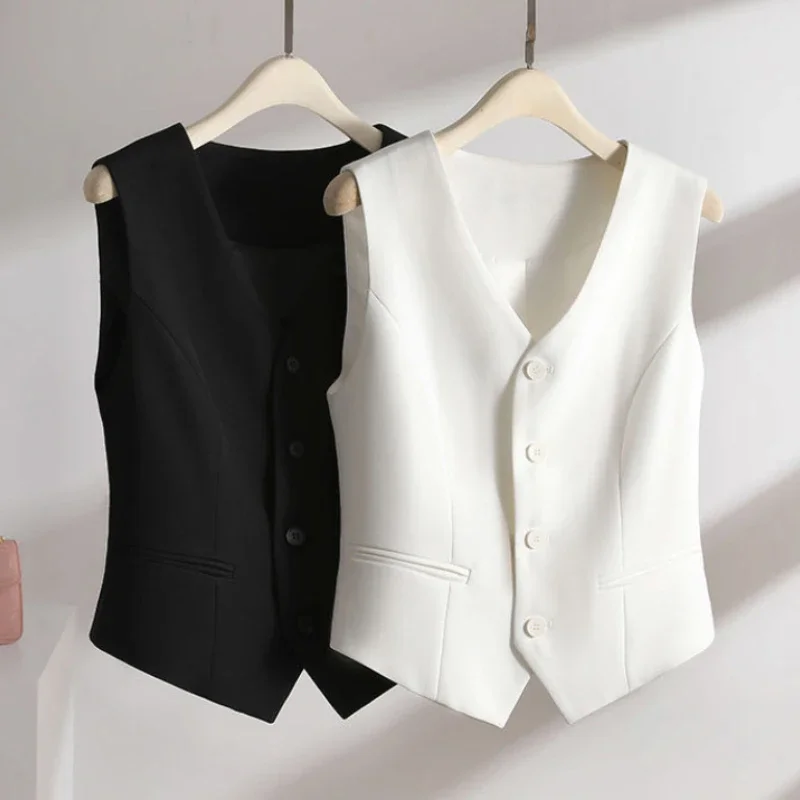 

Women Vests Elegant Office Ladies Temperament Single Breasted Simple Korean Fashion V-neck Aesthetic Sleeveless Coats Harajuku