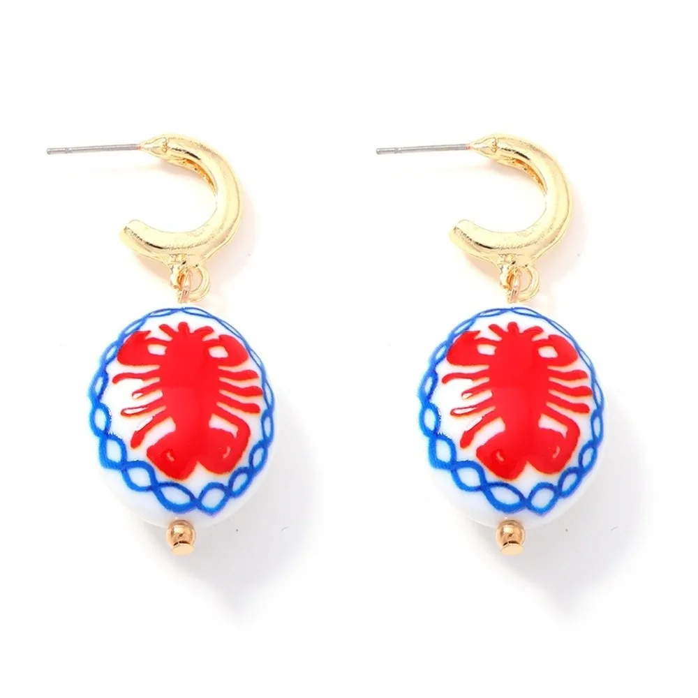Resin Bohemian Pendant Earrings Flower Pattern Gold C Ring Beach Printed Drop Earrings Ceramic Rectangular Dangle Earrings
