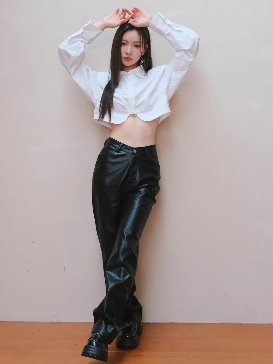 

LREEDOM American Retro PU Leather Pants Women's Bla Matte Casual Trousers High Waist Straight Leg Long Pants