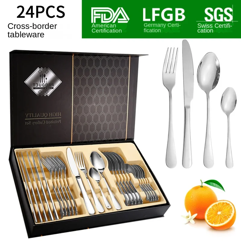 Stainless steel tableware, Western 24 piece set, steak knife, fork, spoon, 4-piece tableware set