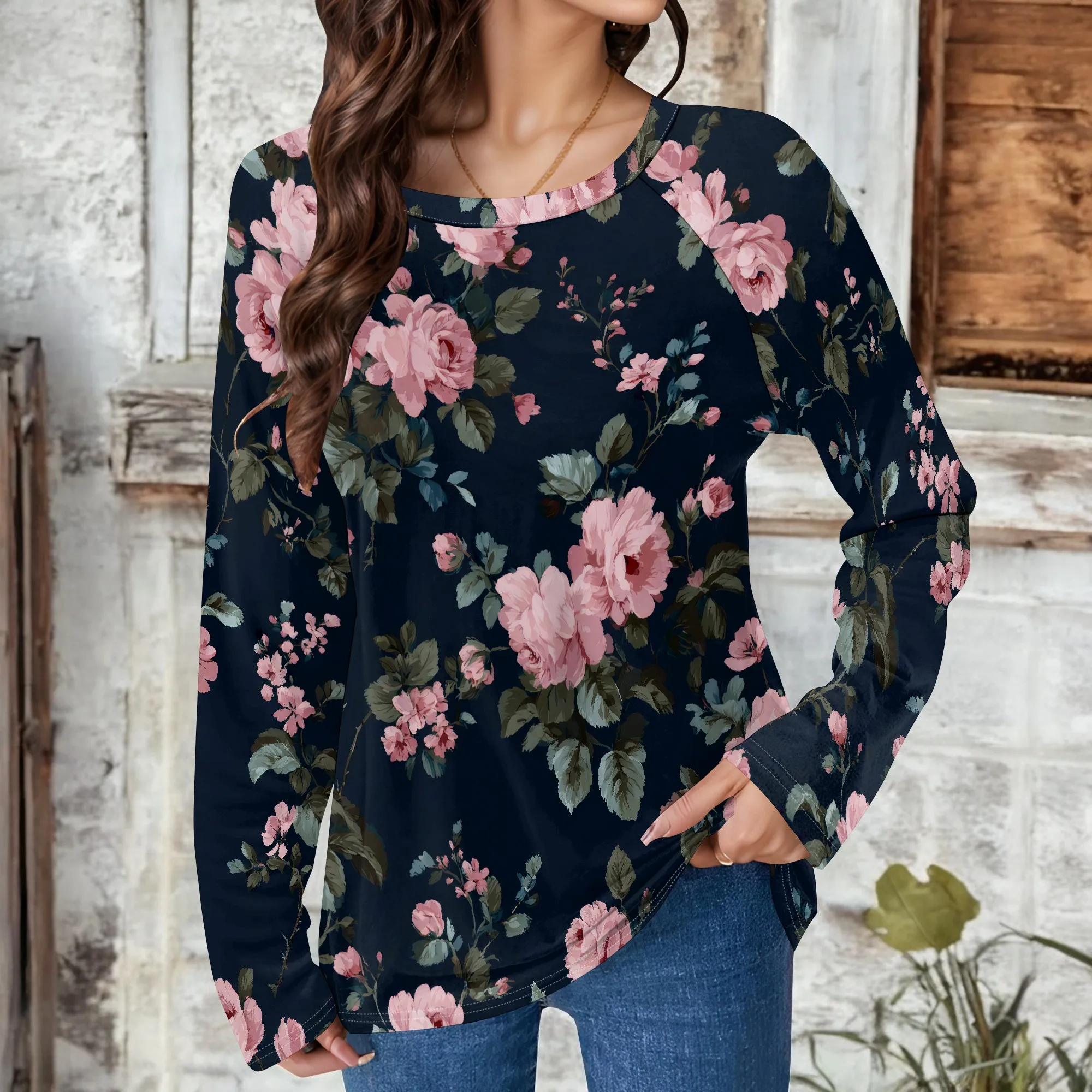 สตรีดอกไม้พิมพ์เสื้อกันหนาว Crewneck เสื้อแขนยาวเสื้อหลวม Fit เสื้อ Retro Boho ฤดูใบไม้ร่วงเสื้อผ้า