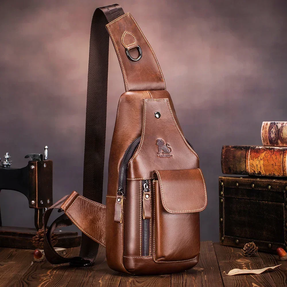 Vintage Genuine leather Men Chest Sling Bag, Multi Pocket Crossbody Pack, Casual Shoulder Daypack For Outdoor Travel Daily Use