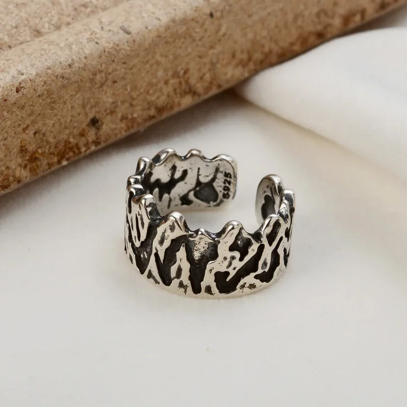 Ables Chic Antique Irregular Texture Solid 925 Silver Ring Abstract Mountain Pattern Party Open Rings R1228