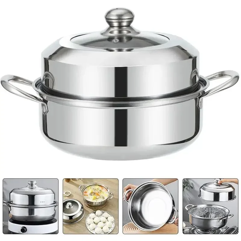 

1 Set 28cm Stainless Steel Two Layer Thick Steamer Pot Soup Steam Pot Universal Cooking Pots For Induction Cooker Gas Stove
