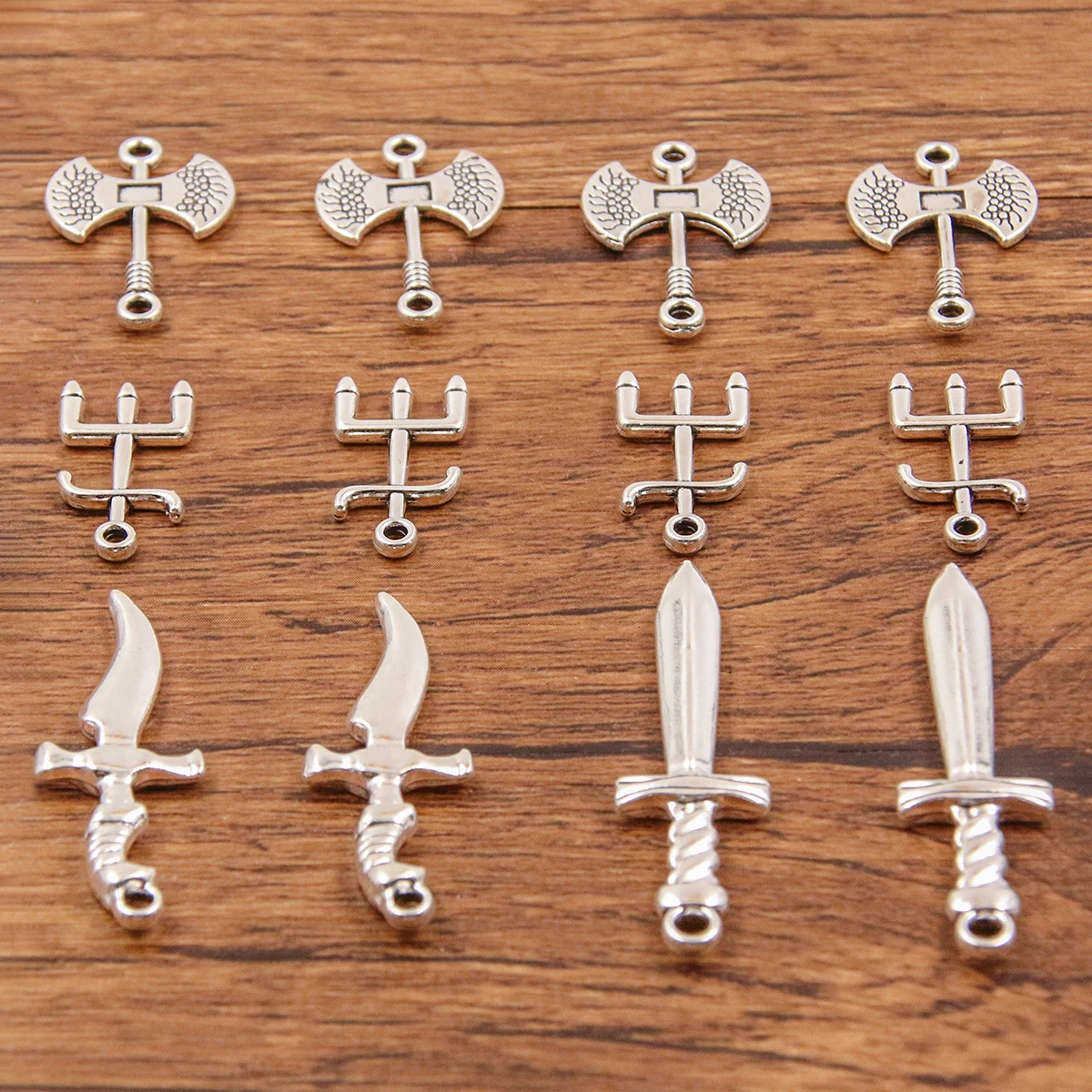 20PCS 4 Styles Mixed Alloy Simulated Weapons Charms For Jewelry Making DIY Handmade Axe Sword Trident Pendant Connector