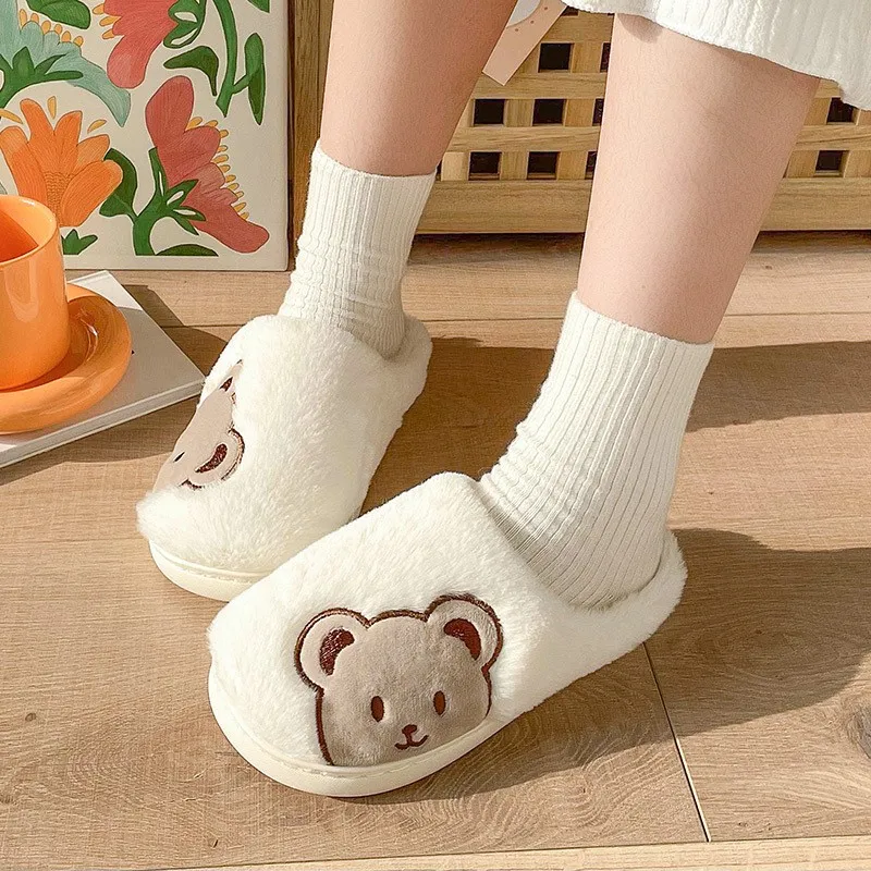 Winter Cartoon Bear Slippers Women Men Fashion Cute Fluffy Slippers Winter Warm Lovers Fur Casual Confinement ShoesTG03