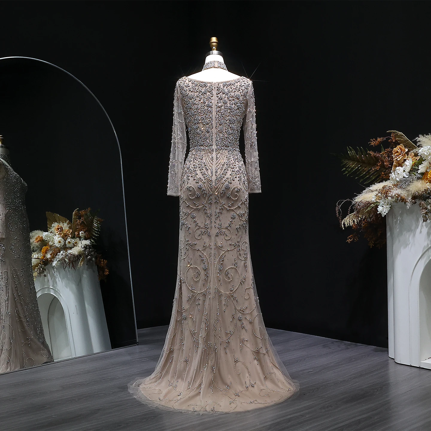 Sharon Said Luxuriöses Arabisches Dubai Rosa Meerjungfrauenkleid mit Langen Ärmeln, Perlenbesetztes Formelles Abendkleid für Hochzeit, Party, Ball, SS181 Maßanfertigung – Detail 17