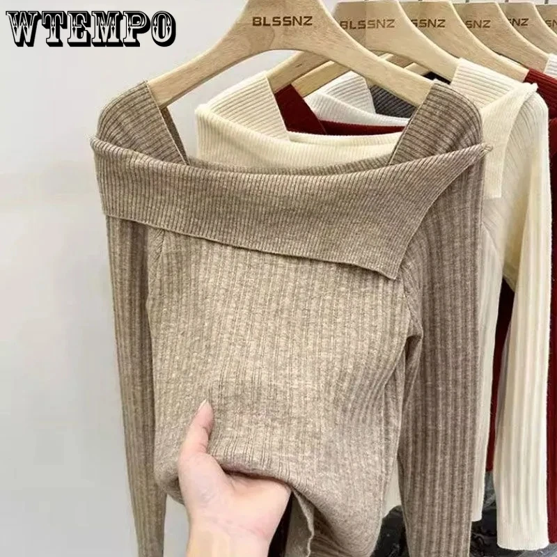 

Khaki Slash Neck Sweater Slim Hotsweet Women's Knit Pullover Thin Bottoming Shirt Solid Office Lady Korean Fashion Spring Autumn