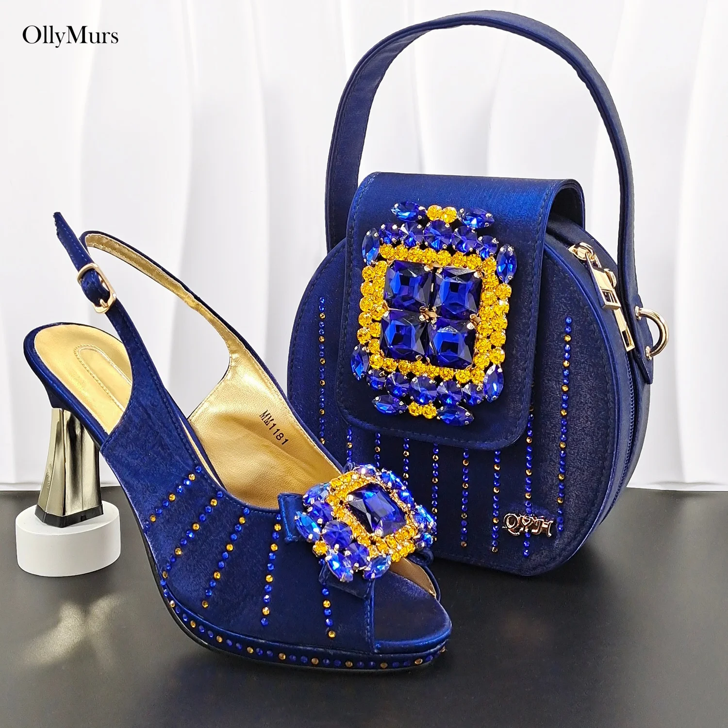 Fashionable Italian Style Rhinestone Square Heels Shoes And Bags Set New Arrival Ladies's Dress Shoes And Bags Set For Party