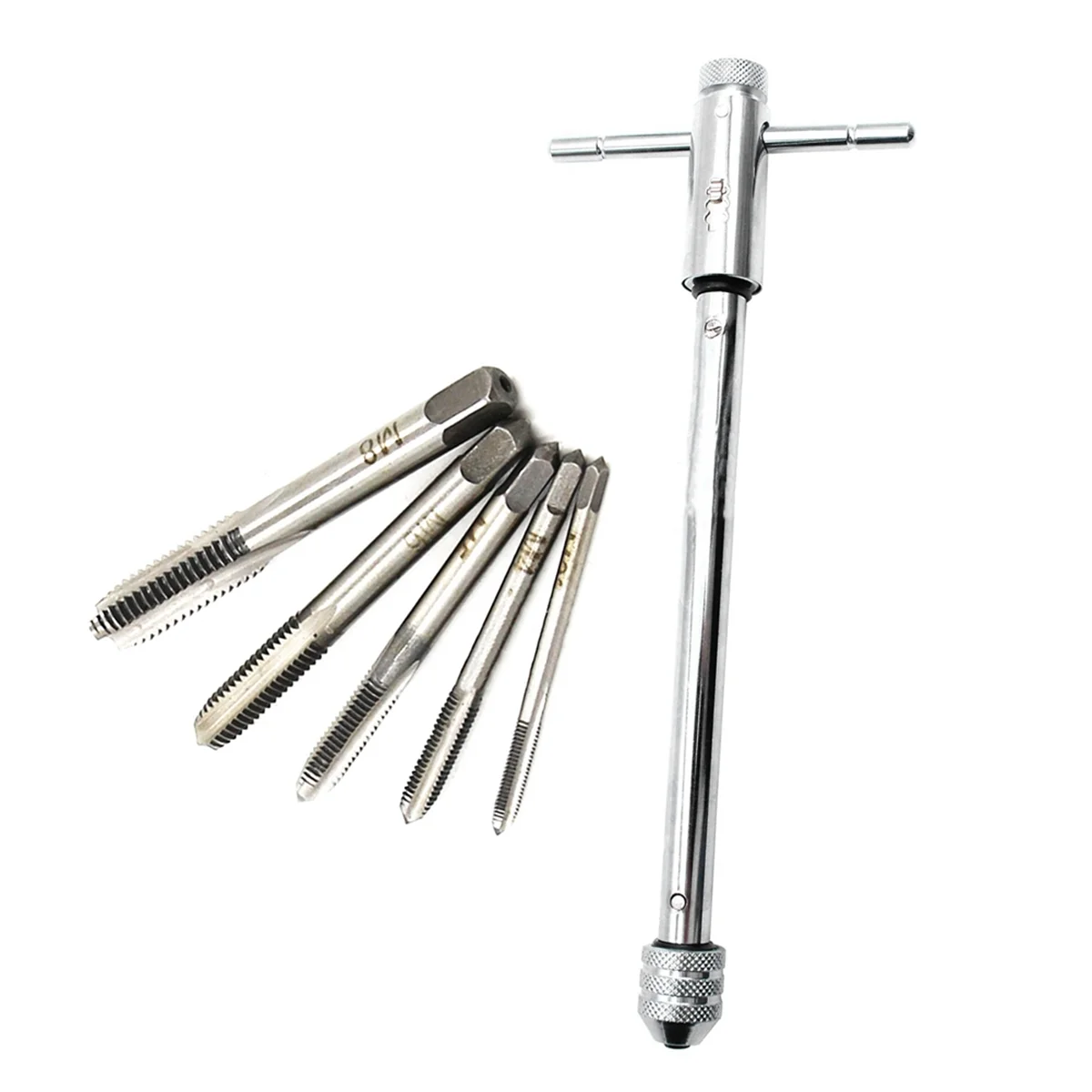

Long Adjustable Silver T-Handle Ratchet Tap Wrench with 5 M3-M8 3mm-8mm Thread Metric Plug Taps