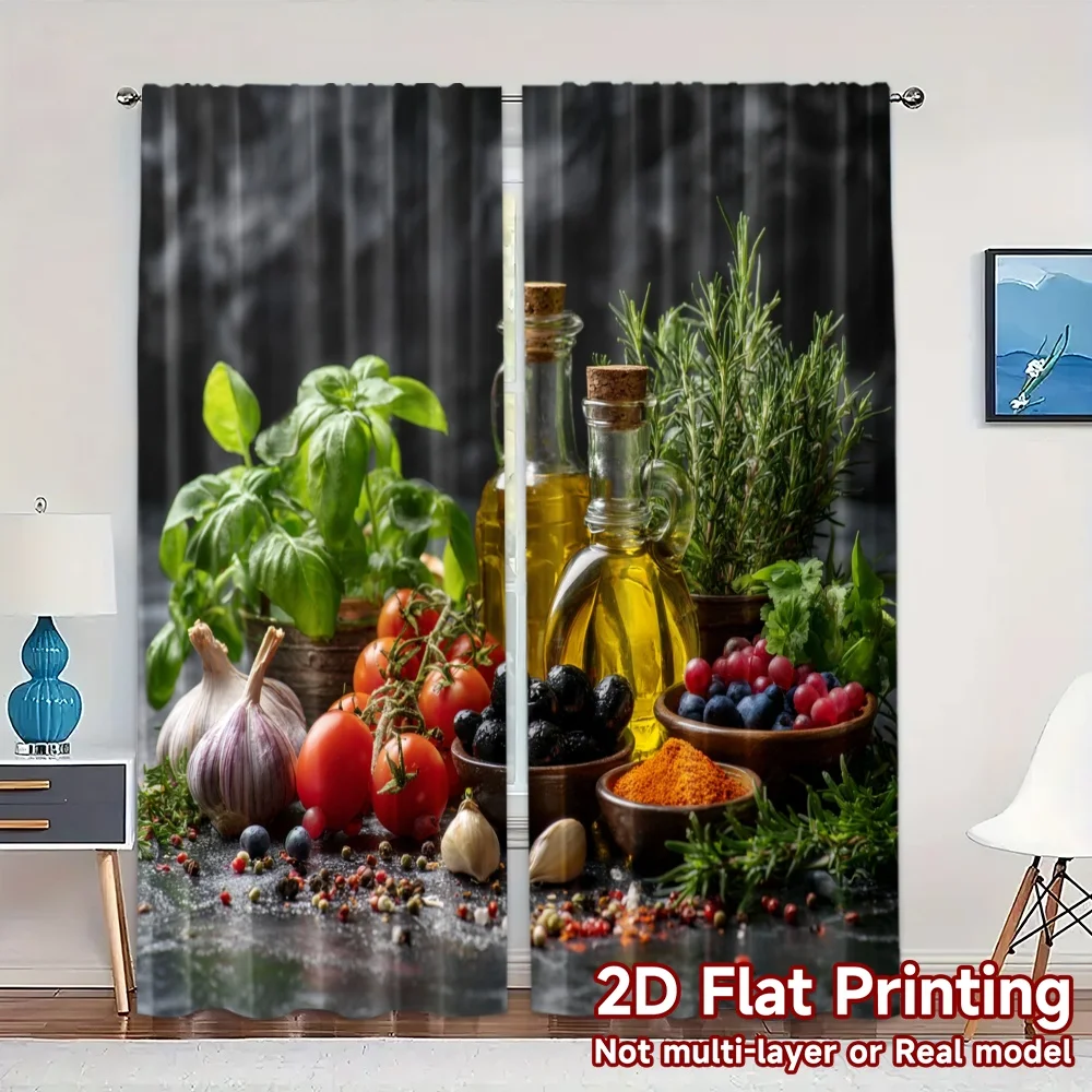 2pcs, 2D FLAT PRINTING Curtains (Without Rod) Mediterranean Feast Minimalist Modern Curtains Durable 100% Polyester Fabric