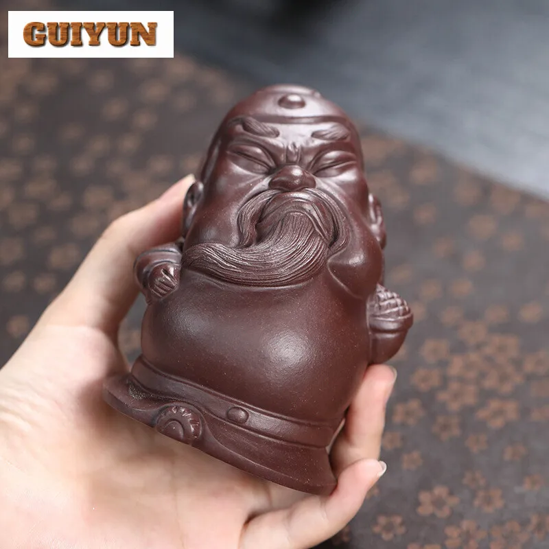 Purple Clay Ceramics Pottery Guan Gong Figurine Paperweight Crafts Guan Yu Kung Fu Tea Pet Mascot Mascot Lucky Office Desk Decor