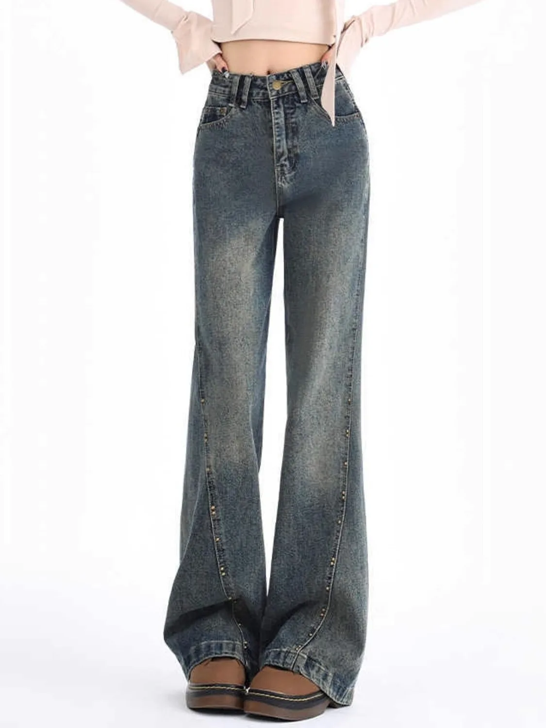 

Women's Dark Wash Wide Leg Jeans Rivet Seam Detail Vintage Flared Denim Pants High-Waisted S-3XL