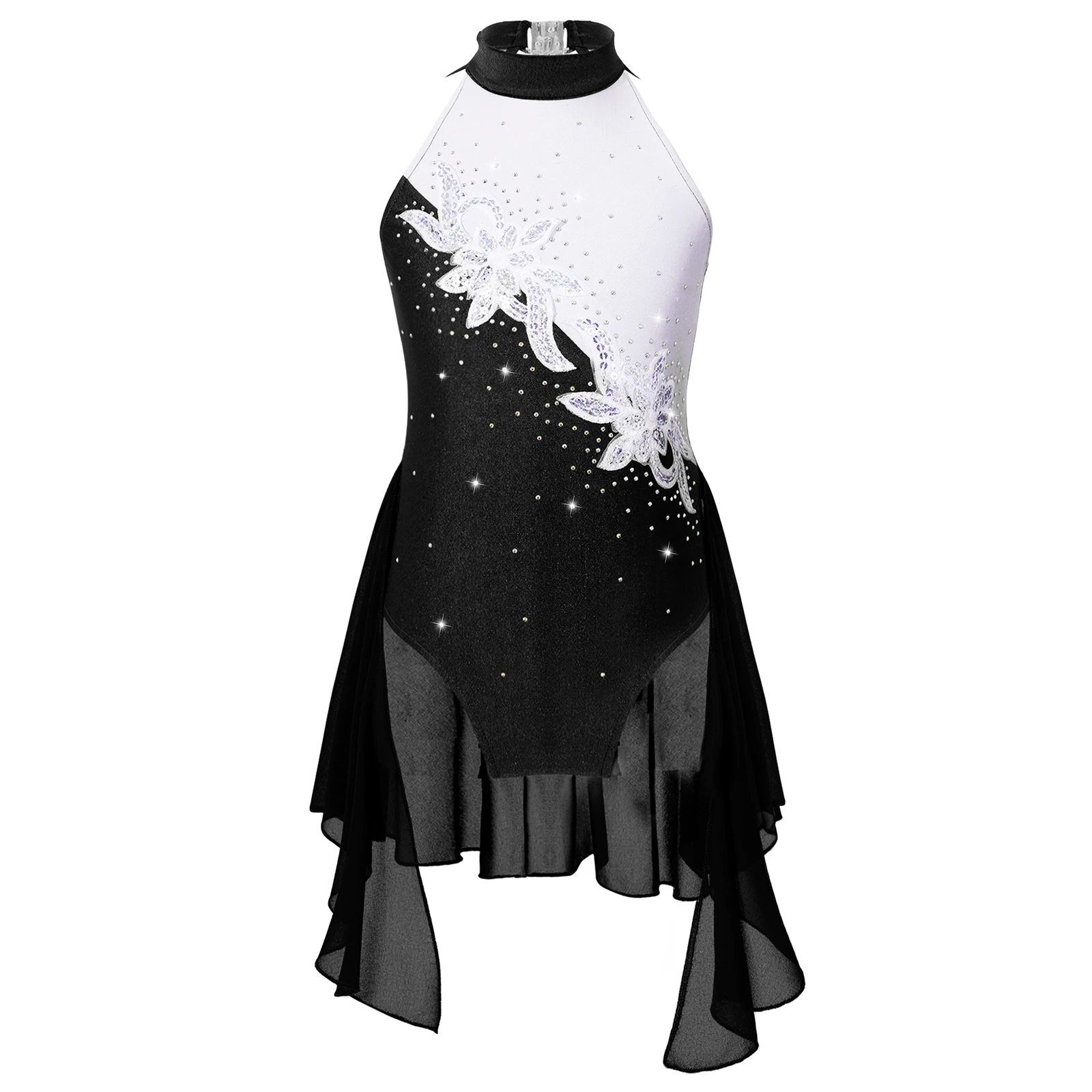 Kids Girls Rhinestone Figure Ice Skating Dress Children Sleeveless Ballet Dress for Dancing Competition Gymnastics Leotard Dress