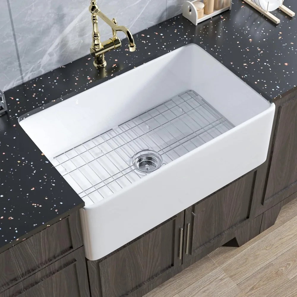 

Farmhouse Sink30 Inch- Large Farm Sink 30"x18",White Farmhouse Sink Single Bowl,9" Deep Fireclay Apron Sink,Barn Sink Reversible