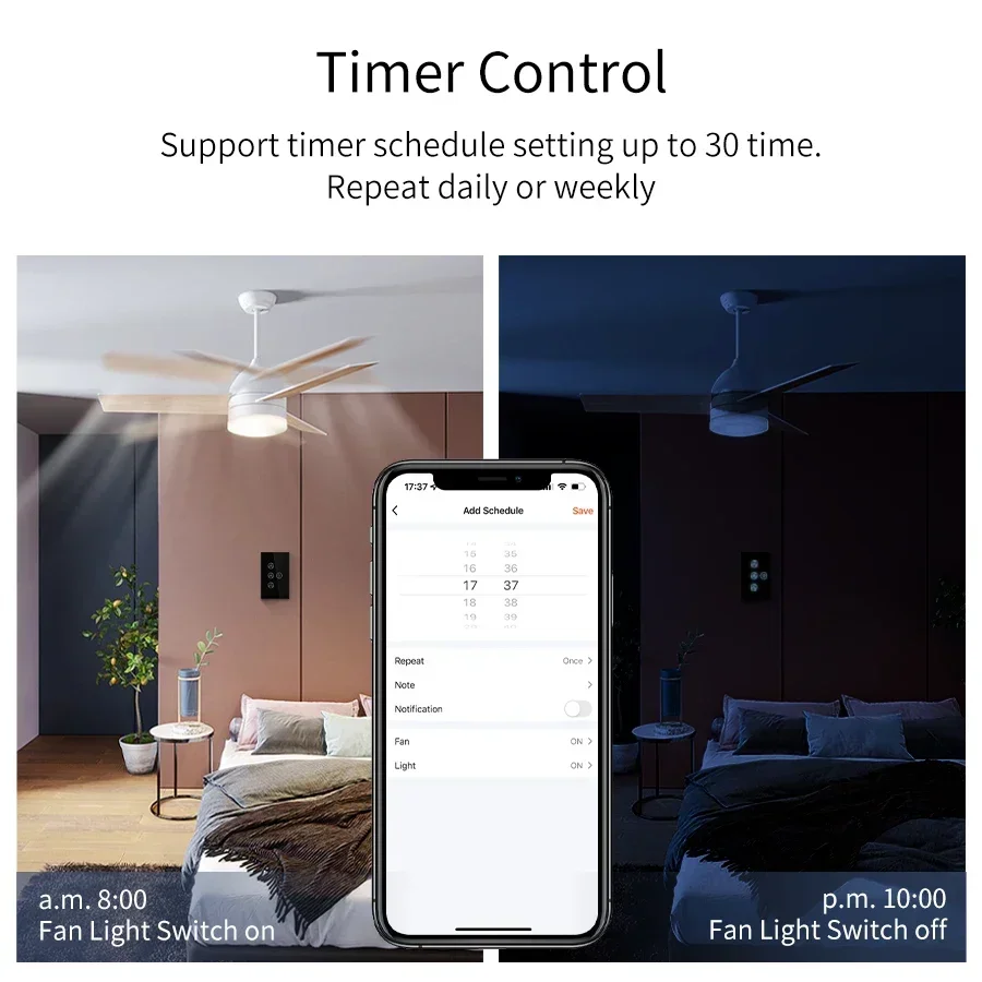 Tuya WiFi Ceiling Fan Light Switch Touch Sensor Interruptor Smart Life APP Adjust Wind Speed Alexa Google Home Voice Control