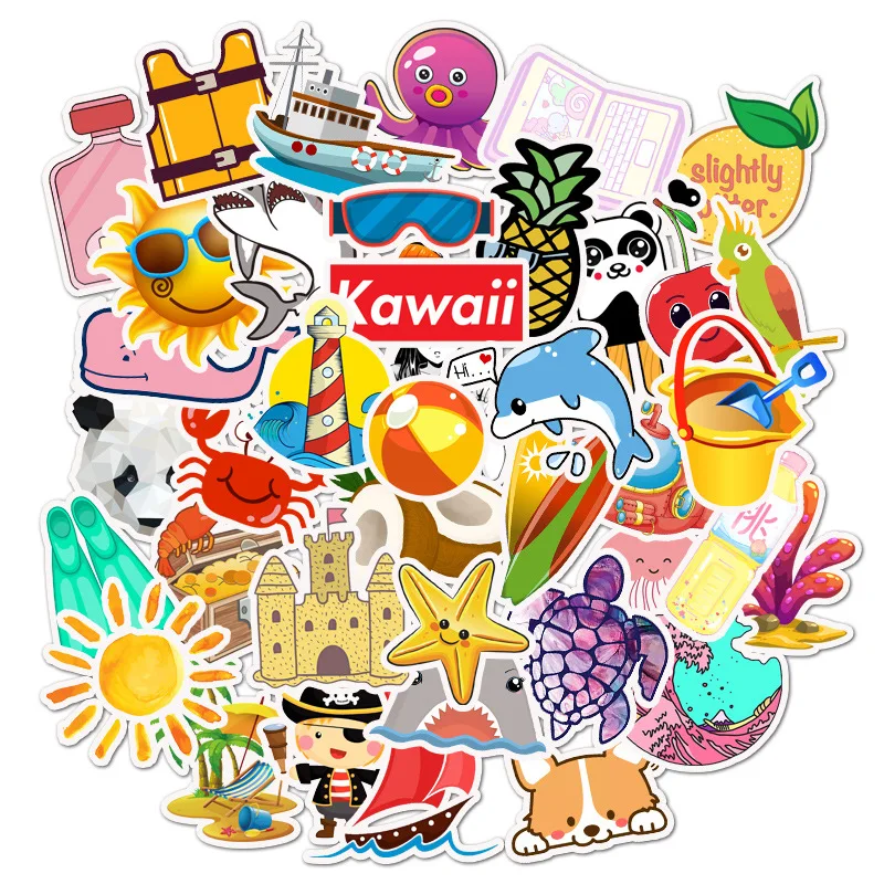 50pcs Cartoon Cute Beach Series Graffiti Stickers For Mobile Phone Shell Skateboard Decorative Stickers DIY Toy Sticker Pack