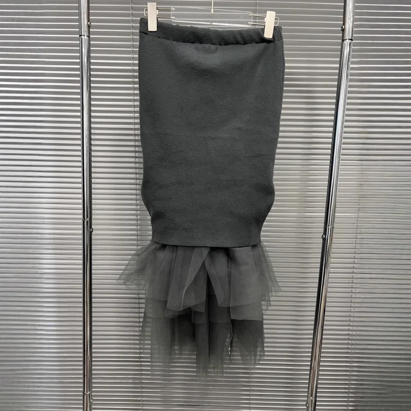 HKSH 2025秋冬新作 レディーススカート ニット パッチワーク プリーツ メッシュ ゴムウエスト トレンド エレガント ハイストリートスカート HK15647