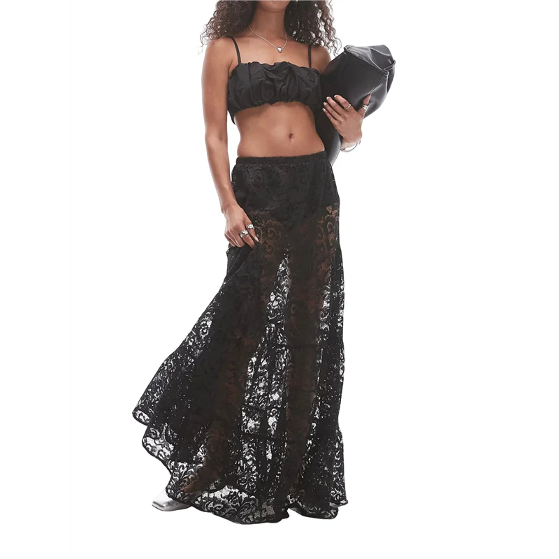 

CYL-Women Lace Long Skirt Sheer Mesh Bodycon Maxi Skirts Elegant Summer Beach Coverups