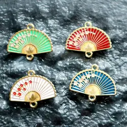 10PCS Chinese Style Flower Fan Alloy Enamel Pendant Shiny Charm Colorful DIY Necklace Bracelet Keychain Earring Accessories