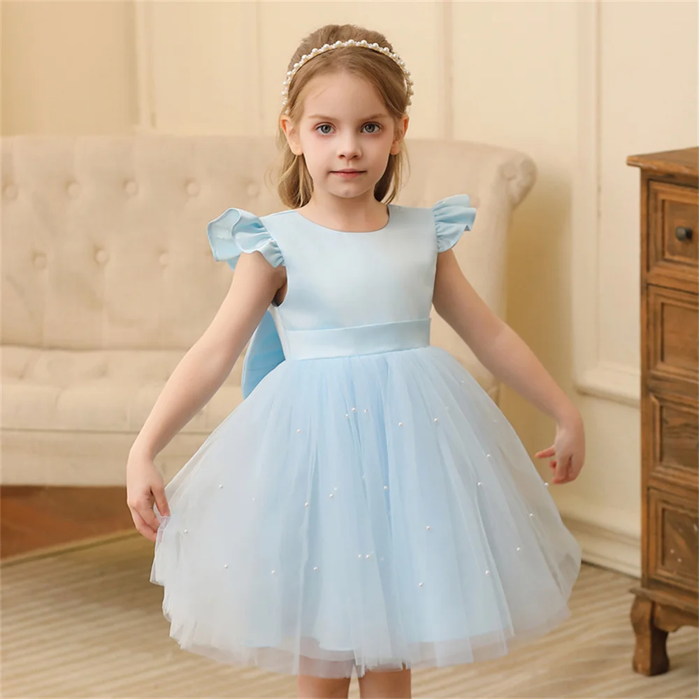 Toddler Girl Flower Birthday Tulle Dress Backless Bow Wedding Gown Kids Party Wear Princess Blue Dress Baby Girl Bowknot Dresses