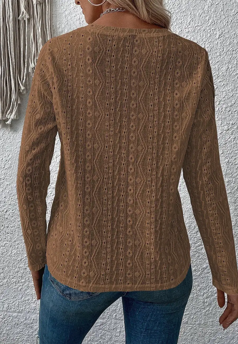 Round Neck Eyelet Detail Sweater Long Sleeved Fashion Fall Pullover Top Solid Color Trendy Chic Lady Clothes