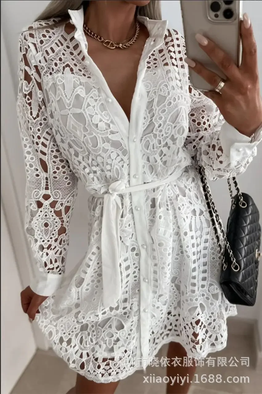 Women Sexy Dress 2024 Temperament Commuter Fashion New Strap Cardigan Lace Single-breasted Lace Shirt Waist Long Sleeved Casual