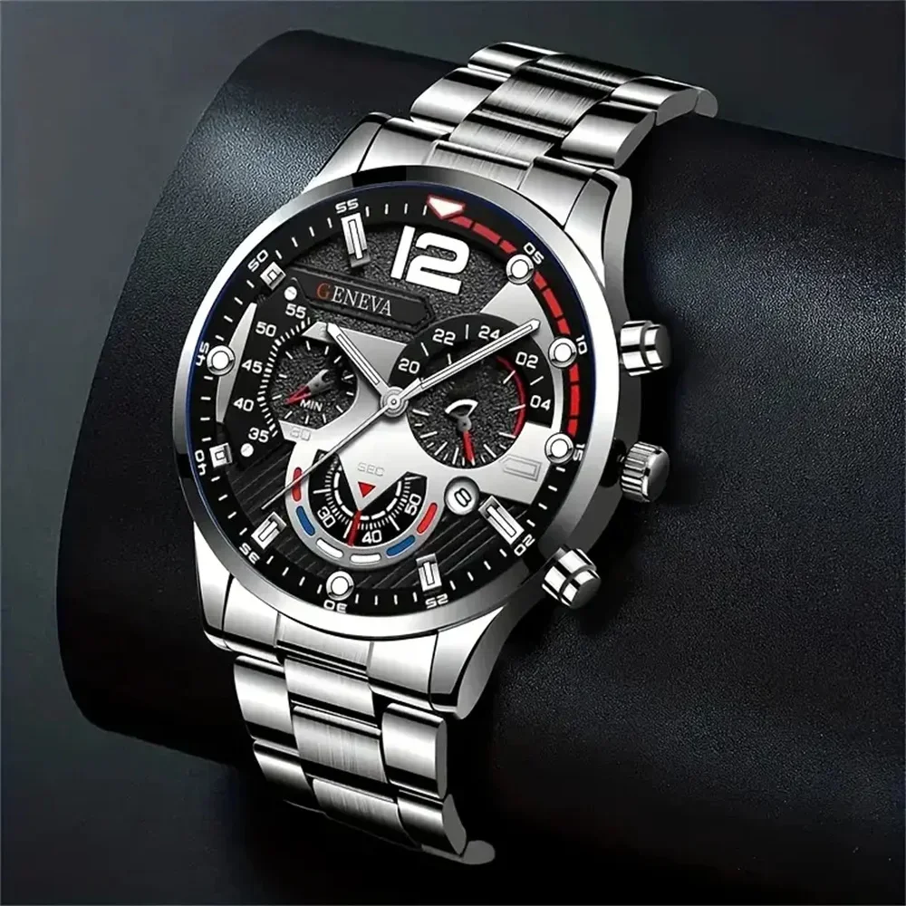 Fashionable and casual business watch+versatile cross steel strap necklace bracelet set with large dial, light luxury