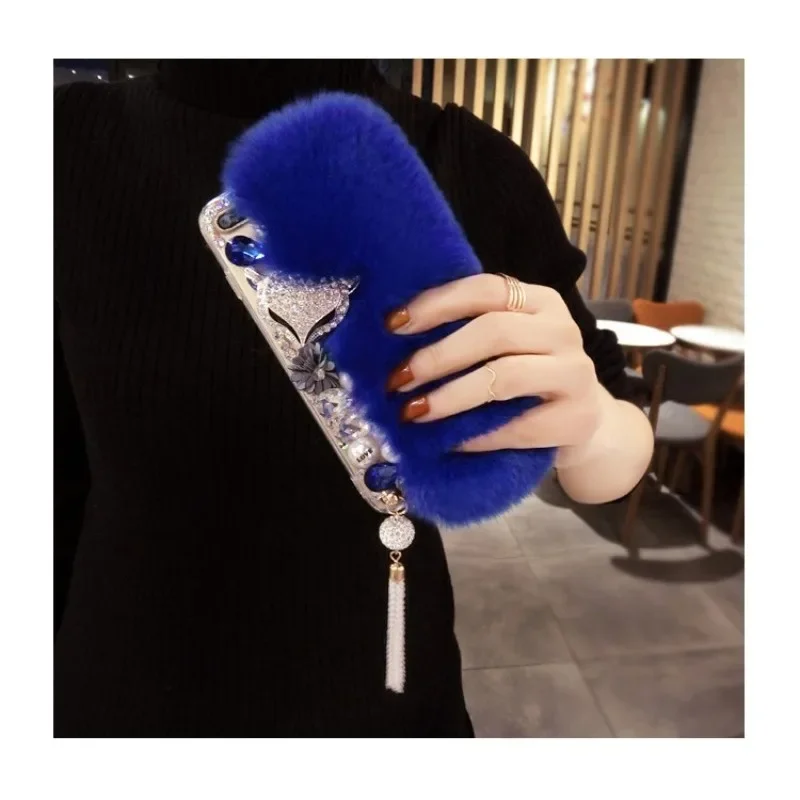 Warm Rabbit Fur Hair Plush Phone Case, Soft Cover, Luxury Diamond Pendant, for iPhone 14, 11, 12, 13, 15, Pro Max, 7, 8 Plus