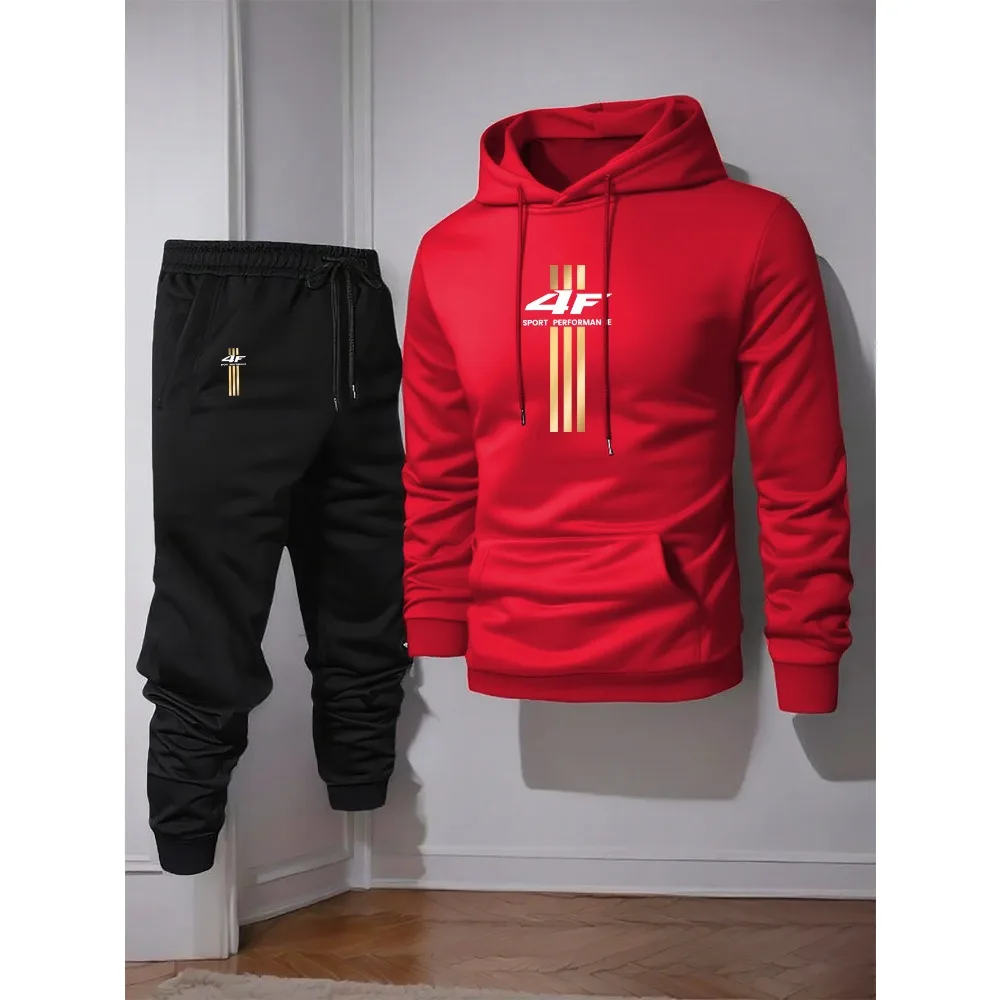 Men'S Casual Hoodie & Sweatpants Set - "4F" Graphic Print, Polyester Knit, Elastic Waistband, Geometric Pattern, Regular Fit,