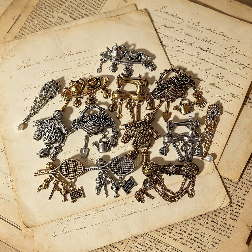 Vintage Dangle Charm Brooch Retro Sewing Machine Teapot Tennis Lapel Pin Antique Metal Drop Brooches for Women Coat Jewelry Gift