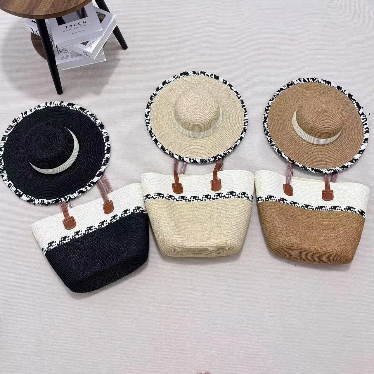 Grass hat woven bag two-piece set sun hat large capacity tote bag tourism vacation shoulder bag beach bag