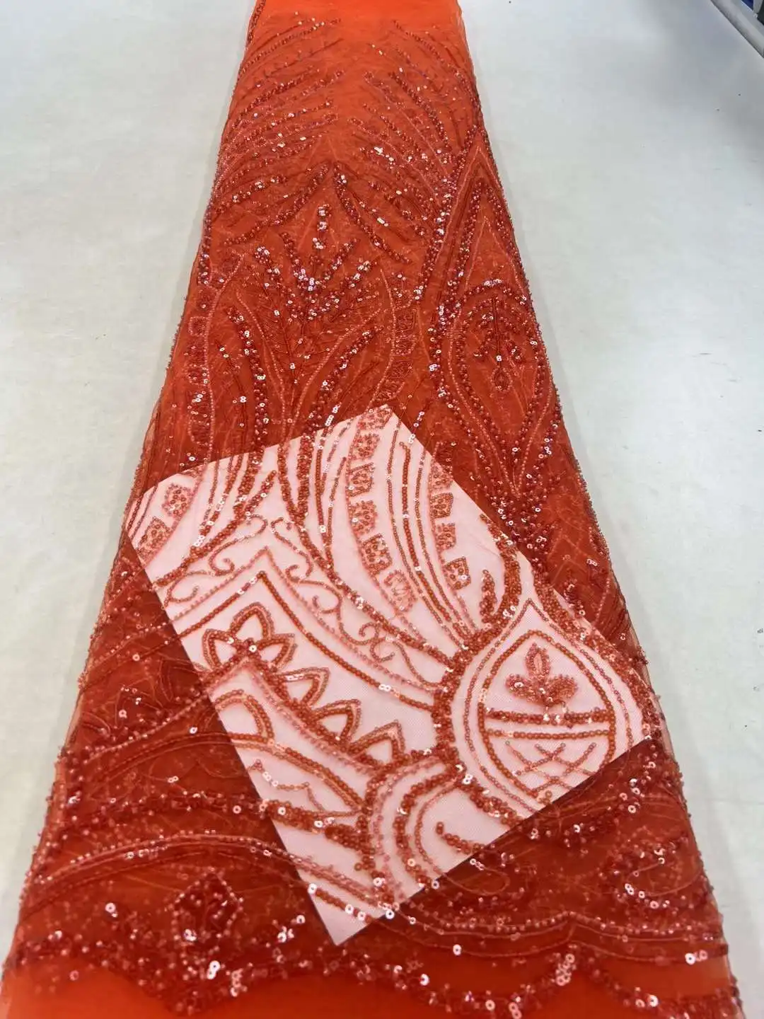 New Arrival Red Color Fashion French Mesh Embroidery Lace Fabric African Nigerian Sequins Lace Fabric For Wedding Dress