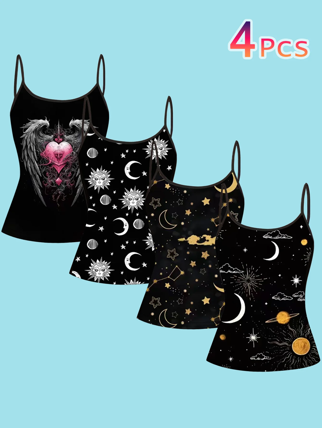 4-Piece Set of Mysterious Star and Moon Celestial Print Camisole Tops for Women, Gothic Angel Wings, Heart, Sun, Thin Straps, Slim Fit, Sleeveless Inner Tops