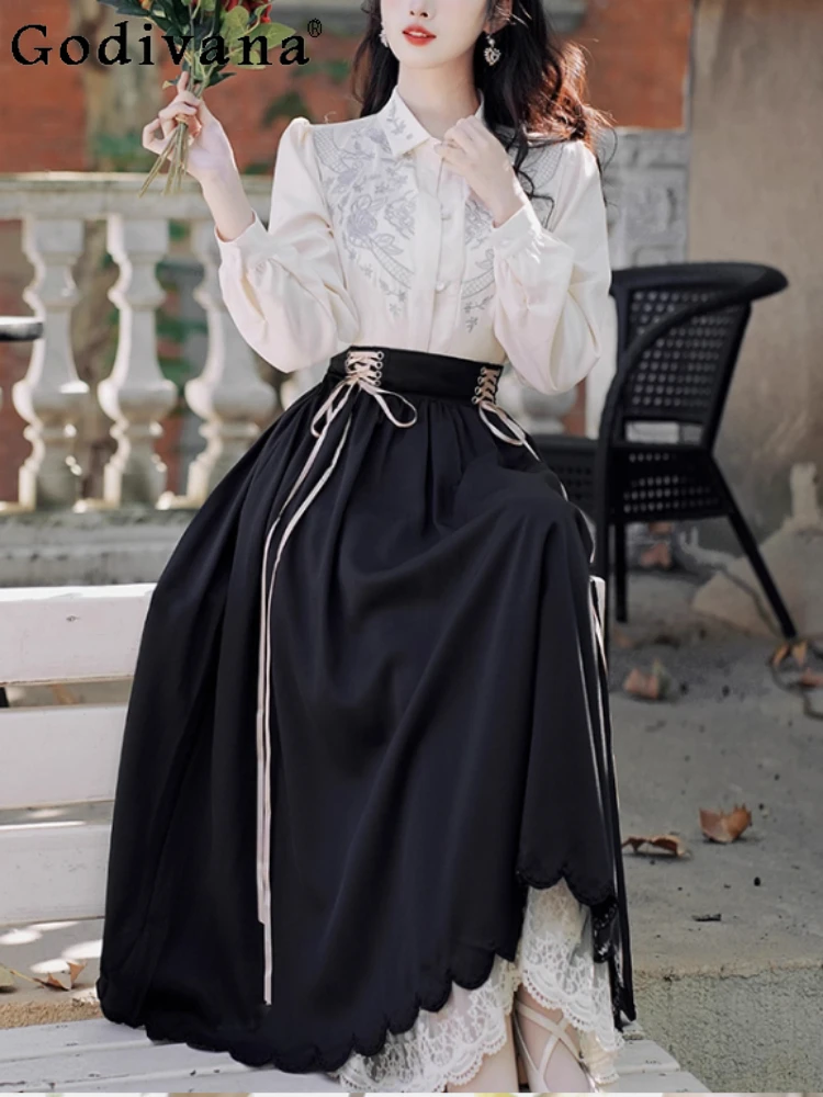 

Лолита, французская винтажная вышивка, свободная рубашка с отложным воротником и длинными рукавами, модные комплекты с высокой талией, милые кружевные комплекты с большой распашной юбкой