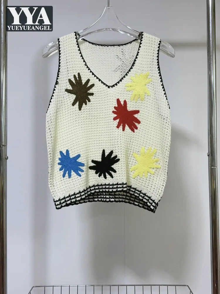 

Women Summer Handmade Colorful Crochet Tops Casual Streetwear V Neck Knitted Vest Sleeveless T-Shirt Holiday Knitwear Tank Tops