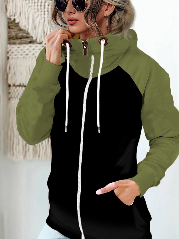 Inverno plus size contraste cor zíper com capuz moletom feminino grosso térmico retalhos mulher bolsos com capuz cordão senhora casacos