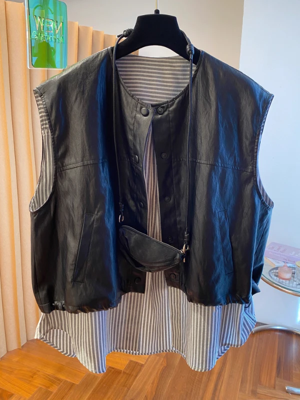 

Old Money Sle PU Leather Vest Jaet Women's Autumn New Design Patchwork Striped oulder Pad Top Button round Ne Single ...