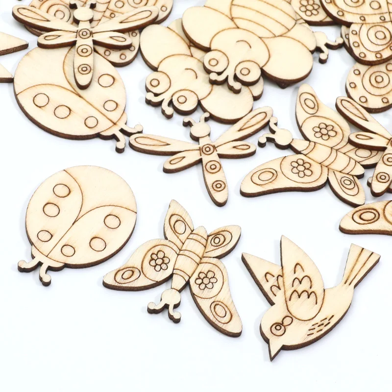 20pcs Mix Ladybug/Bee/Bird/Butterfly Wooden Slices Embellishments Wood DIY Crafts Scrapbooking For Handmade Home Decor Supplies