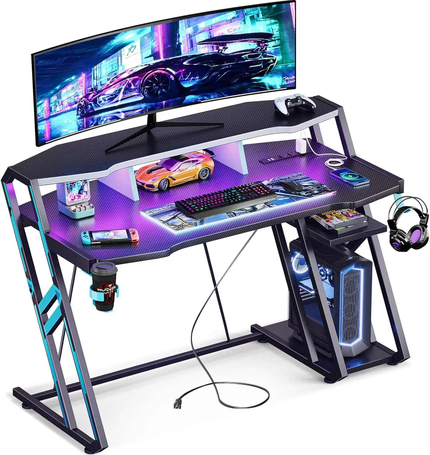 

MOTPK Gaming Desk with Power Outlet & LED Lights, Gaming Computer Desk 47inch with PC Storage Shelf, Gaming Table with Carbon