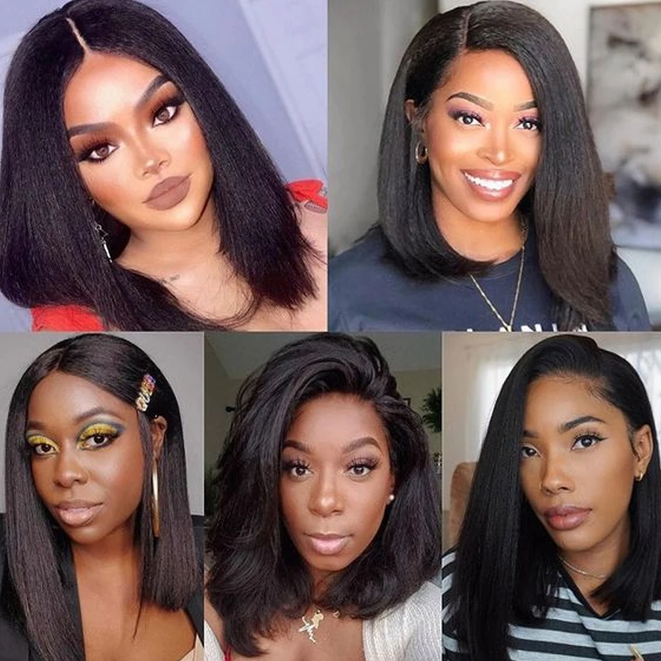 Glueless Kinky Straight Bob Wigs 100% Human Hair 13x4 Lace Front Wig For Women Natural Color 8-14Inch Yaki Straight Bob Ready Go