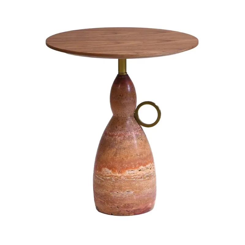 Round side table wood surface quartz stone base small coffee table living room