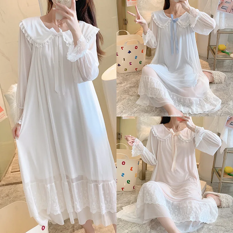 Long Sleeve Sexy Lace Night Dress Women Sleepdress Home Service Sleepwear Cotton Home Dress Home Clothing V Neck Mesh Nightgown