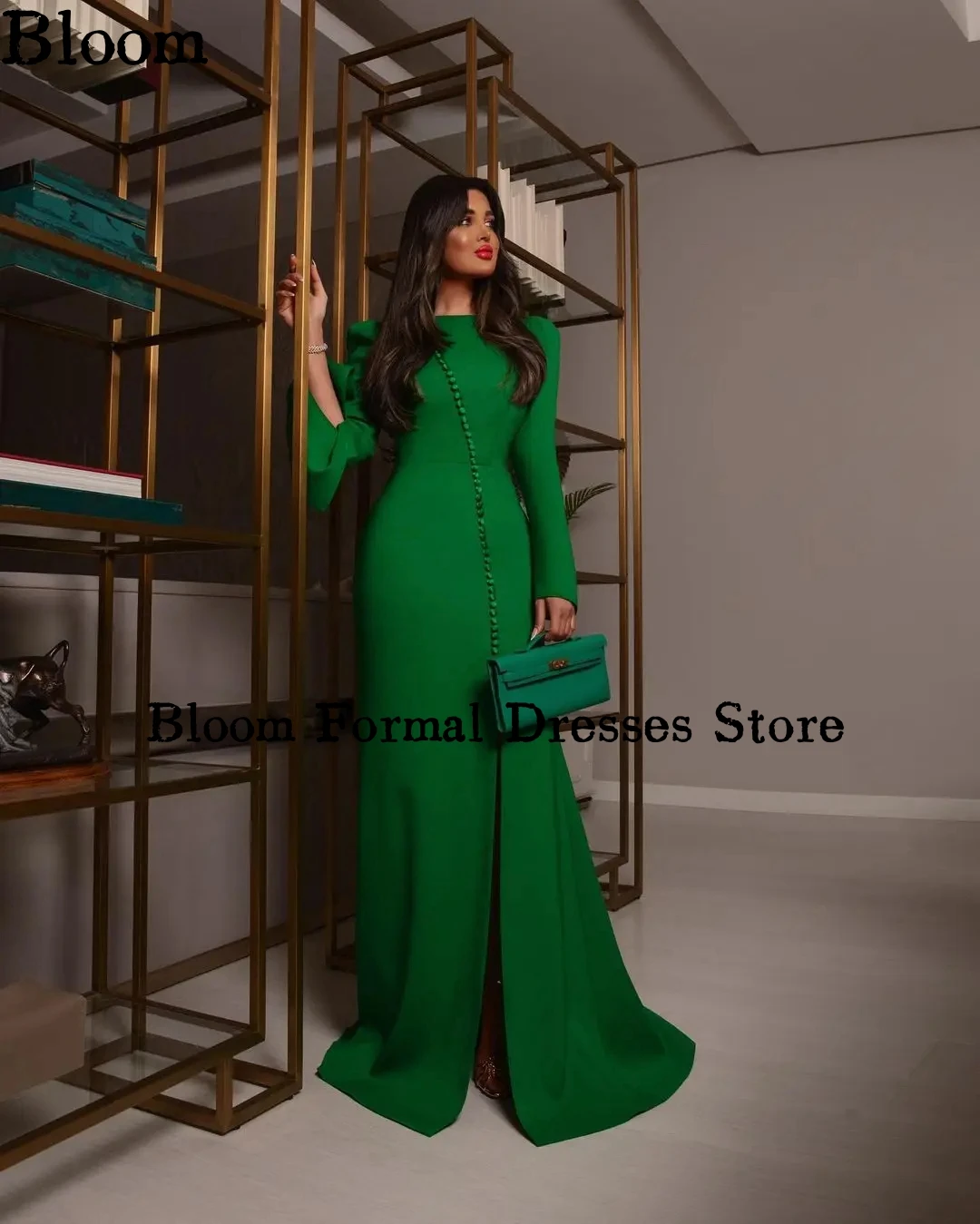 Bloom Green Noble Evening Dresses For Prom Long Sleeves Buttons Floor-length Simple Formal Dress Celebration Wedding Party Dress