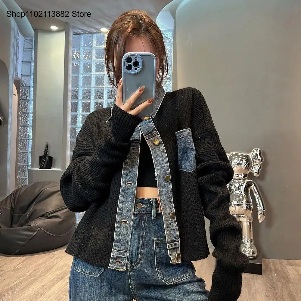 Women's Long Sleeves Short Coat Single Breasted Lady Sweater Outwear Grey Denim Patchwork Knit Sweater Cardigan Jacket